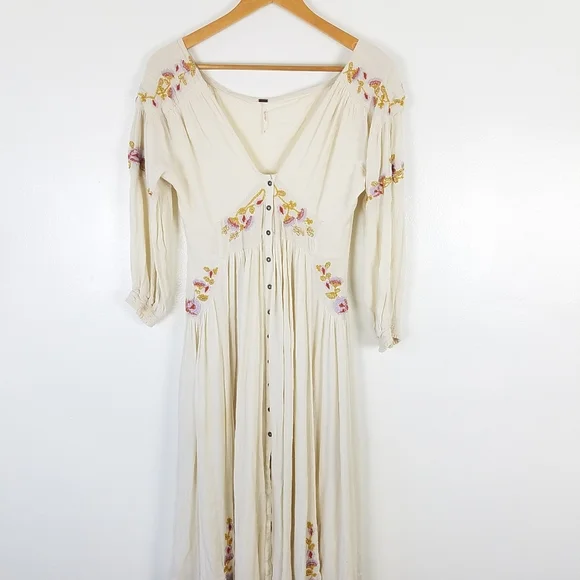 Free People Fay Glow Embroidered Boho Peasant Midi Dress in Cream Size Small - Picture 10 of 14